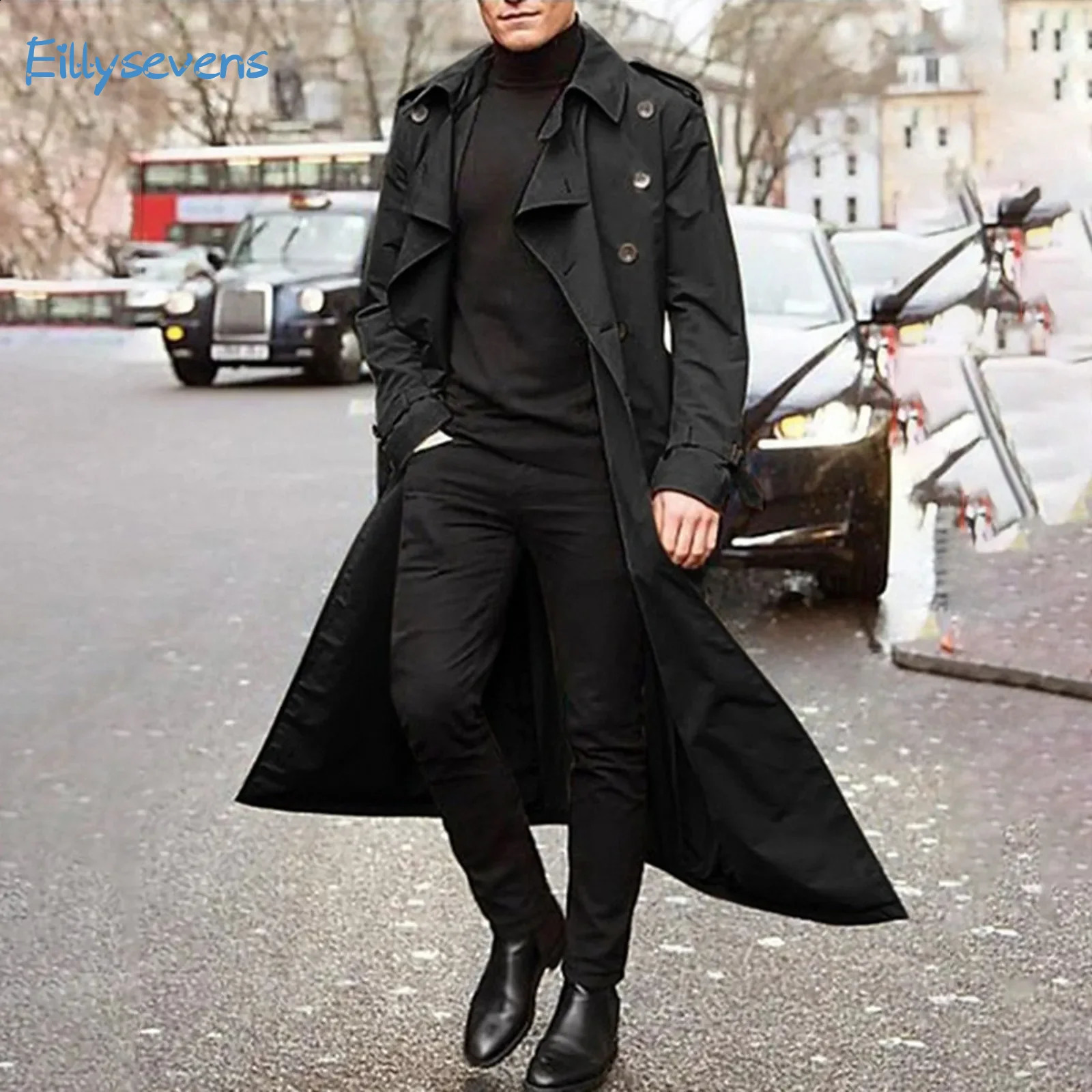 MenS Windbreaker Spring Autumn Long-Slevee Extra Long Trench Coat Classic Trend Double Breasted Solid Color Temperament Trench 241008