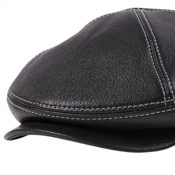 LA SPEZIA Winter Leather Hat Mens Retro Flat Hat Warm Leather Sheepskin Beret Mens High Quality 241007