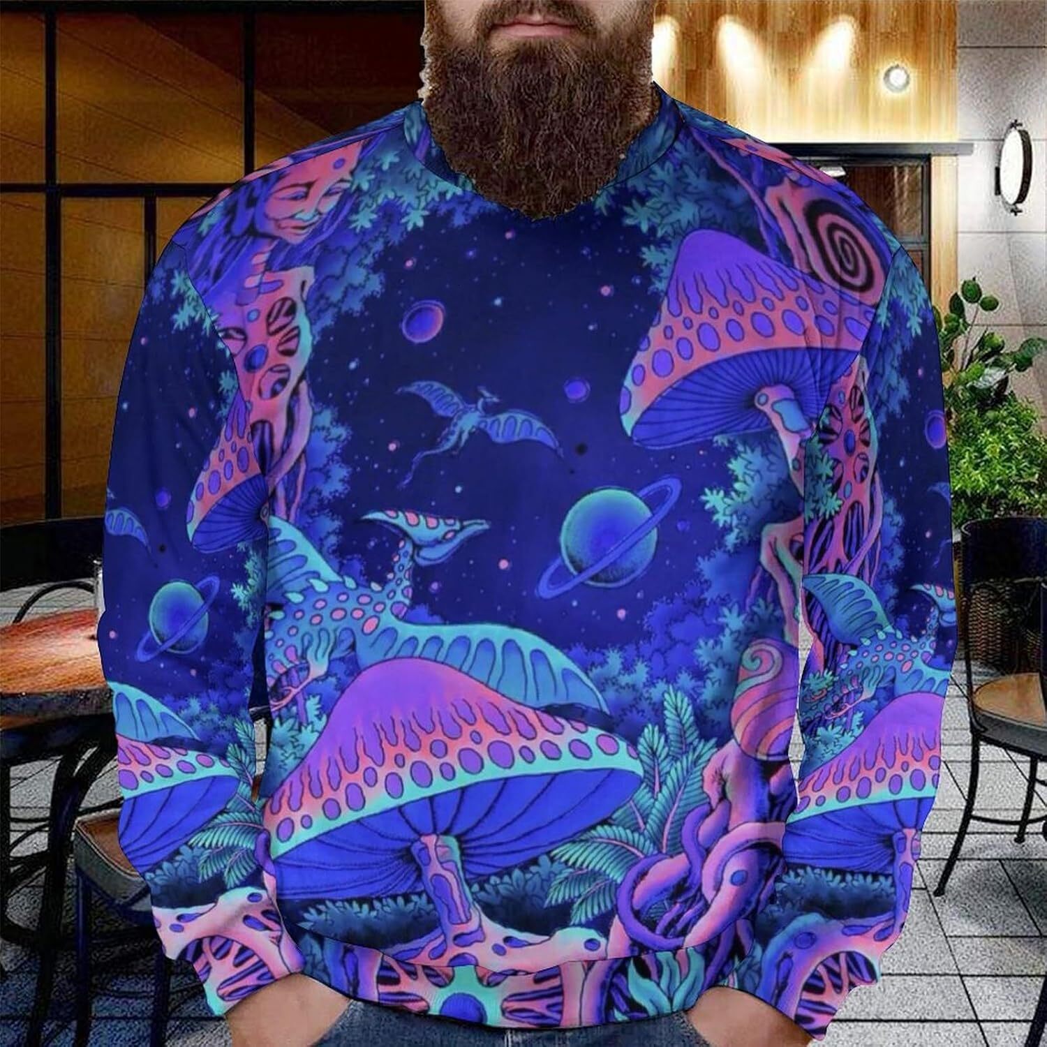 Long Sleeve Shirts for Men sweatshirt Men's Art Colorful Mushroom Raglan Round Neck Long Sleeve Sweatshirt Pullover T shirt Tee Streetwear Casual