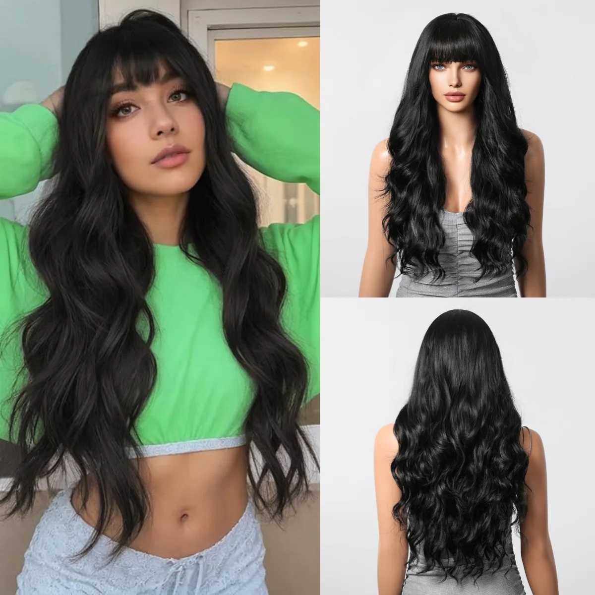 Black Brunette Wigs Long Curly Wavy Synthetic with Bangs Natural Party Daily Wig Hair for White Women Girls Heat Resistant FiberXJ241008