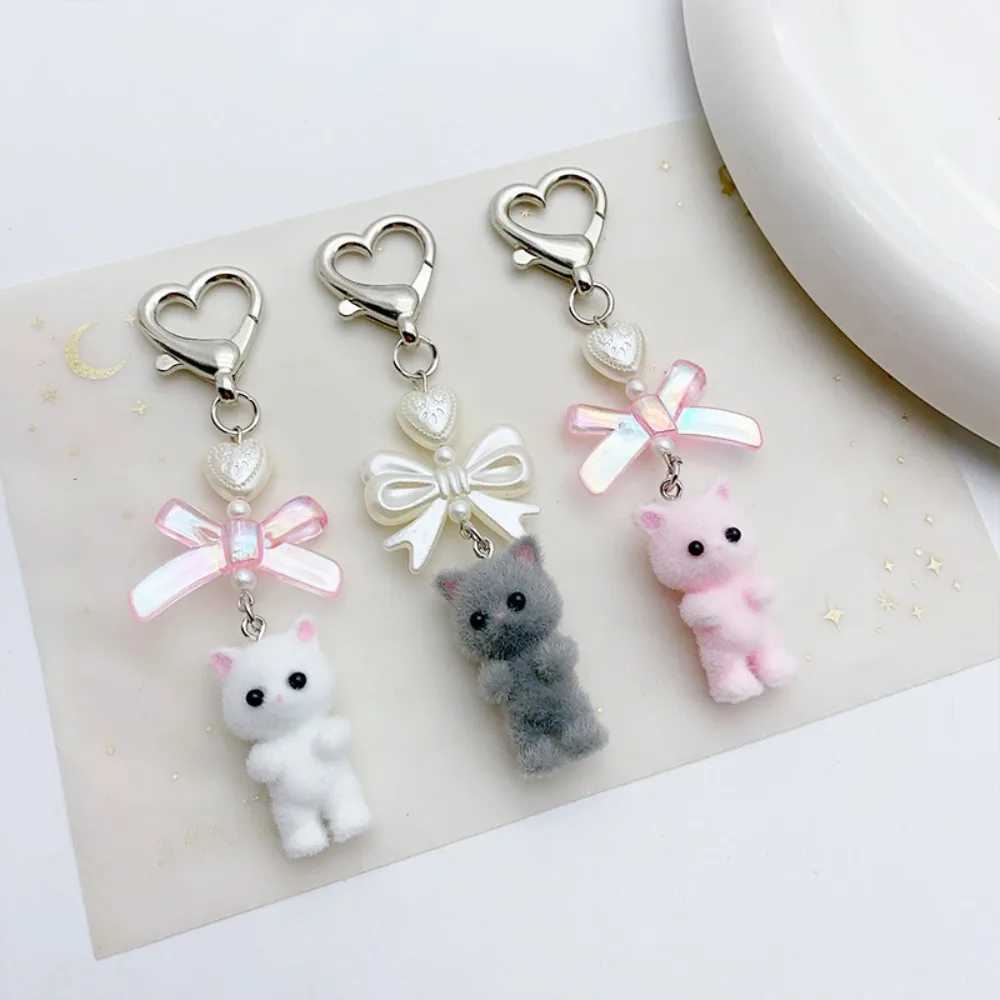 Kawaii 10cm Bow Keychain Fuzzy Kitten Doll Plush Bear Keyring Pearl Kitty Cat Backpack Pendant WomenX241008
