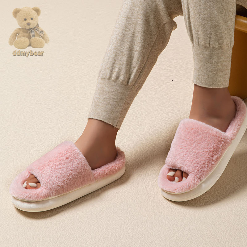 Ddmybear Household Rabbit One-Piece Fur Slippers Wear-Resistant, Exposed Toe, Thick Soled, Flat Bottomed Slippers For Home Use Chinese Brand Shoes F10