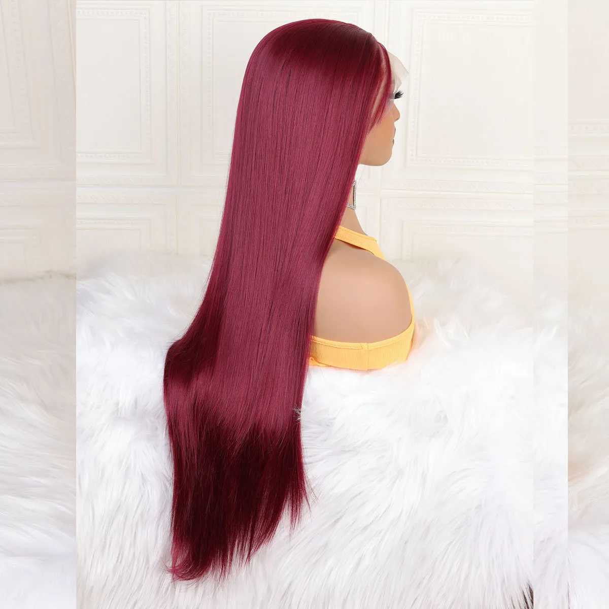 Soft Preplucked Dark Wine Red 26Inch 180Density Straight Lace Front Wig Synthetic 99J Burgundy Baby Hair Glueless Daily Wear WigXJ241008