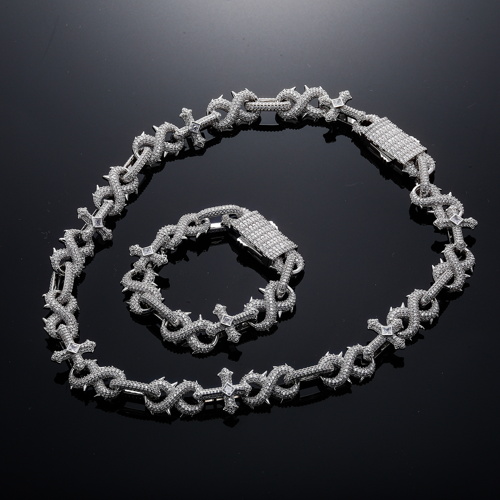 Hip Hop 8-shaped Thorn Cross Cuban Link Chain Necklace Bling Full Cubic Zirconia Iced Out Diamond Personalized Mens Necklaces Choker Bracelet Accessor