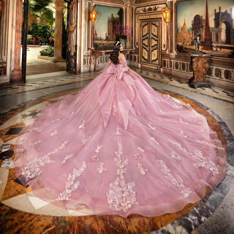 Pink Shiny Sweetheart Quinceanera Dresses Applique Lace Flower Beads Off The Shoulder Puffy Party Dress Ball Gown Vestidos De 15 Anos