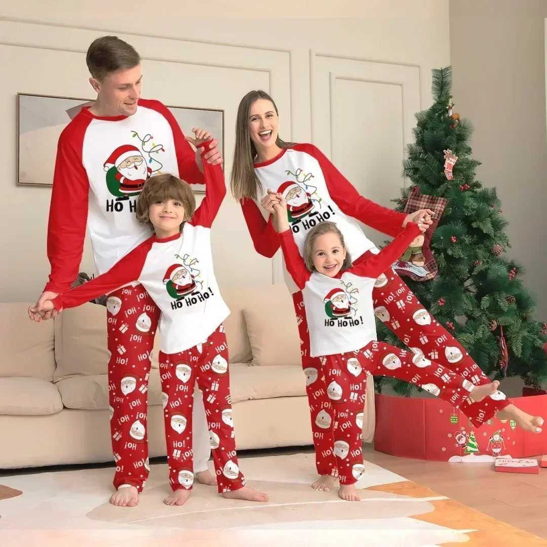 Christmas pajamas cute Santa Claus printing parents and children matching clothing set baby dog jumpsuit O collar 2 pieces of family clothing W241008
