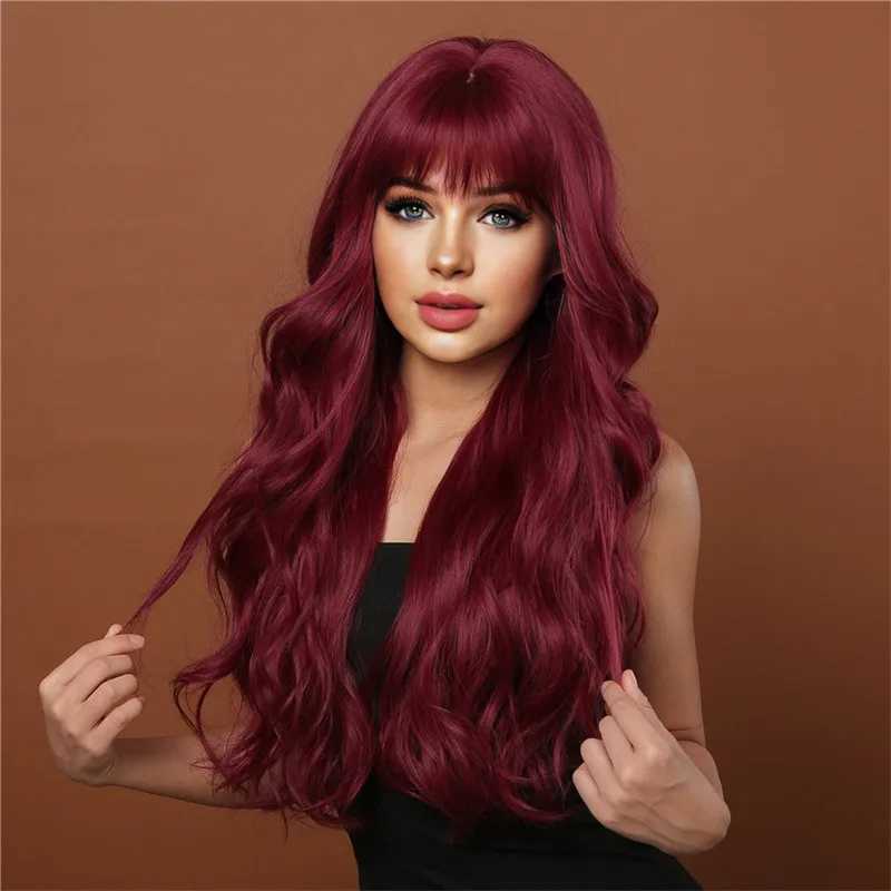 New selling wig female fluffy wine red air bangs long curly hair big wave synthetic fiber high temperature silk full head coverXJ241008