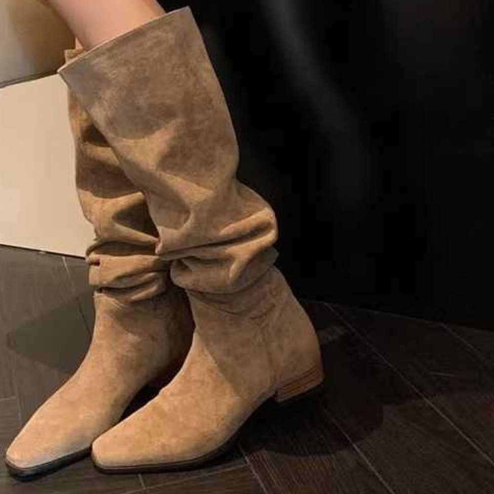 Pile Up Martin Boots Square Toe Thick Fashion Boots Knees Long Tube Boots Womens Knight Boots Slim Tall Western Cowboy Boots 240826