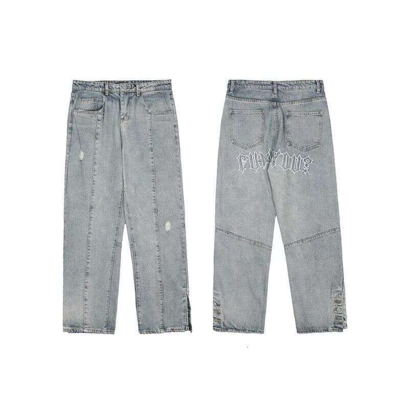 European And American High Street Fashion Brand Embroidered Breasted Jeans Men's Vibe Style Blue Loose Hip-Hop Explosive Street Casual Pants Tren