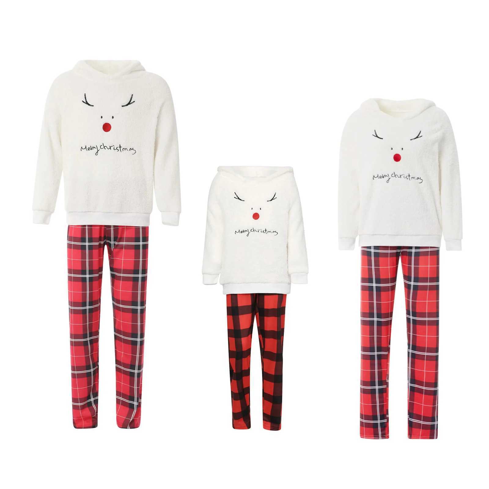 Family matching Christmas pajama set with deer print plush hooded sweatshirt top flat bottom pants womens childrens pajama set W241008