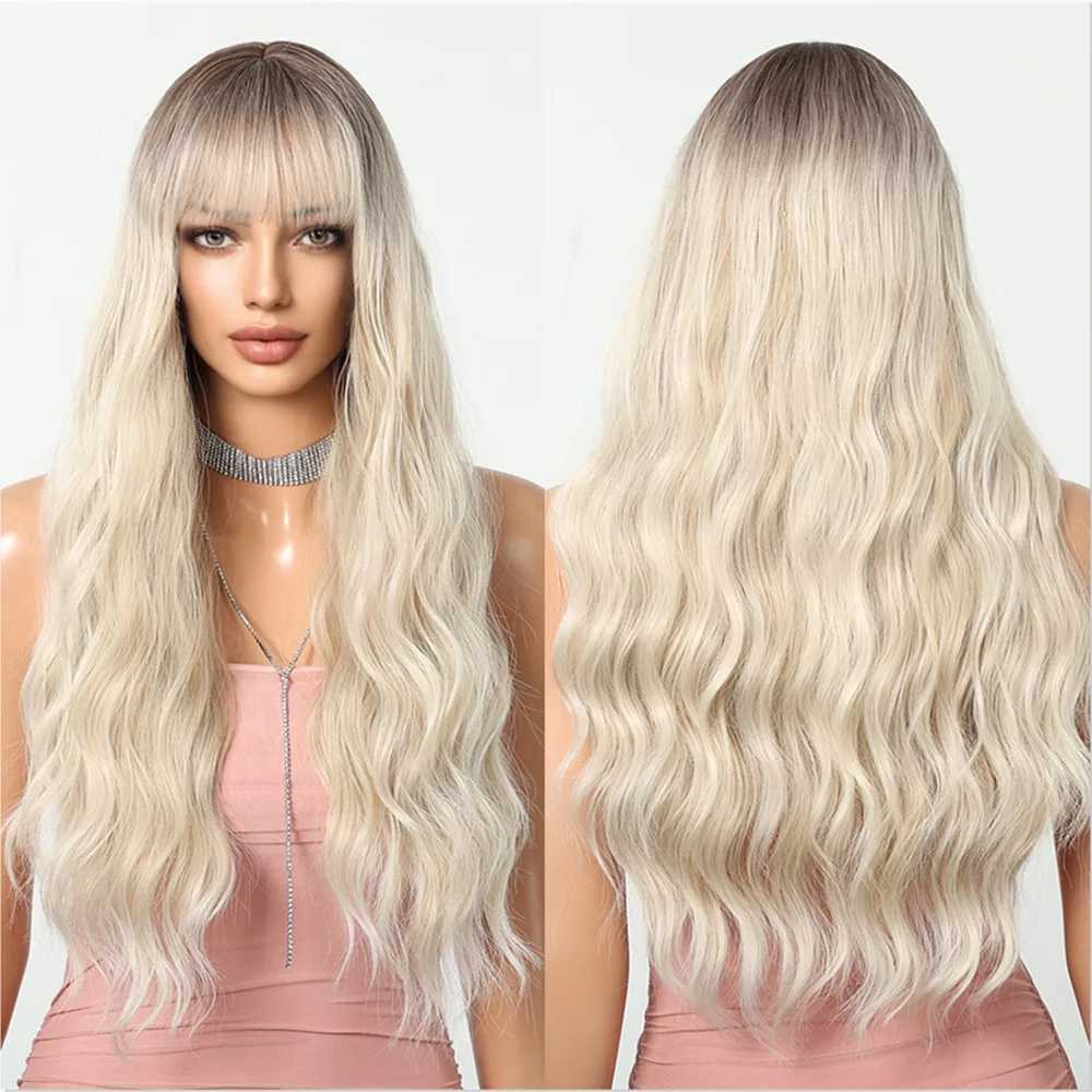 HENRY MARGU Platinum Blonde Synthetic Wigs Long Water Wavy Wig with Bangs Ombre Dark Roots Blonde Hair Heat Resistant Daily WigXJ241008