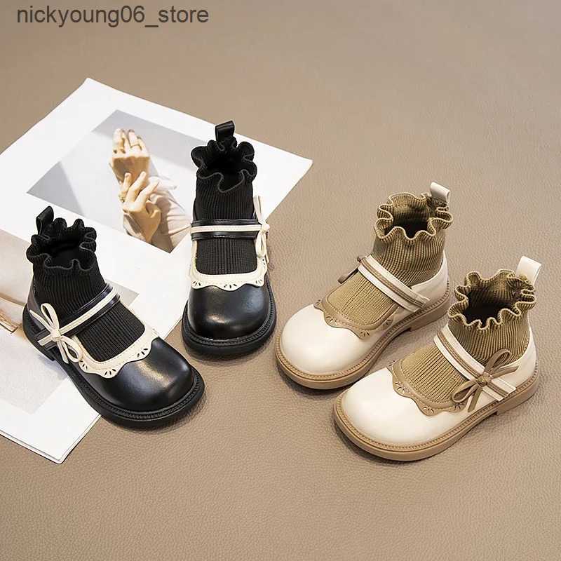 Boots Kids Sock Boots for Girls Hook Loop Color Matching Lace Fashion Children Leather Shoes Non-slip Sweet Princess Boots 2023 New L240910