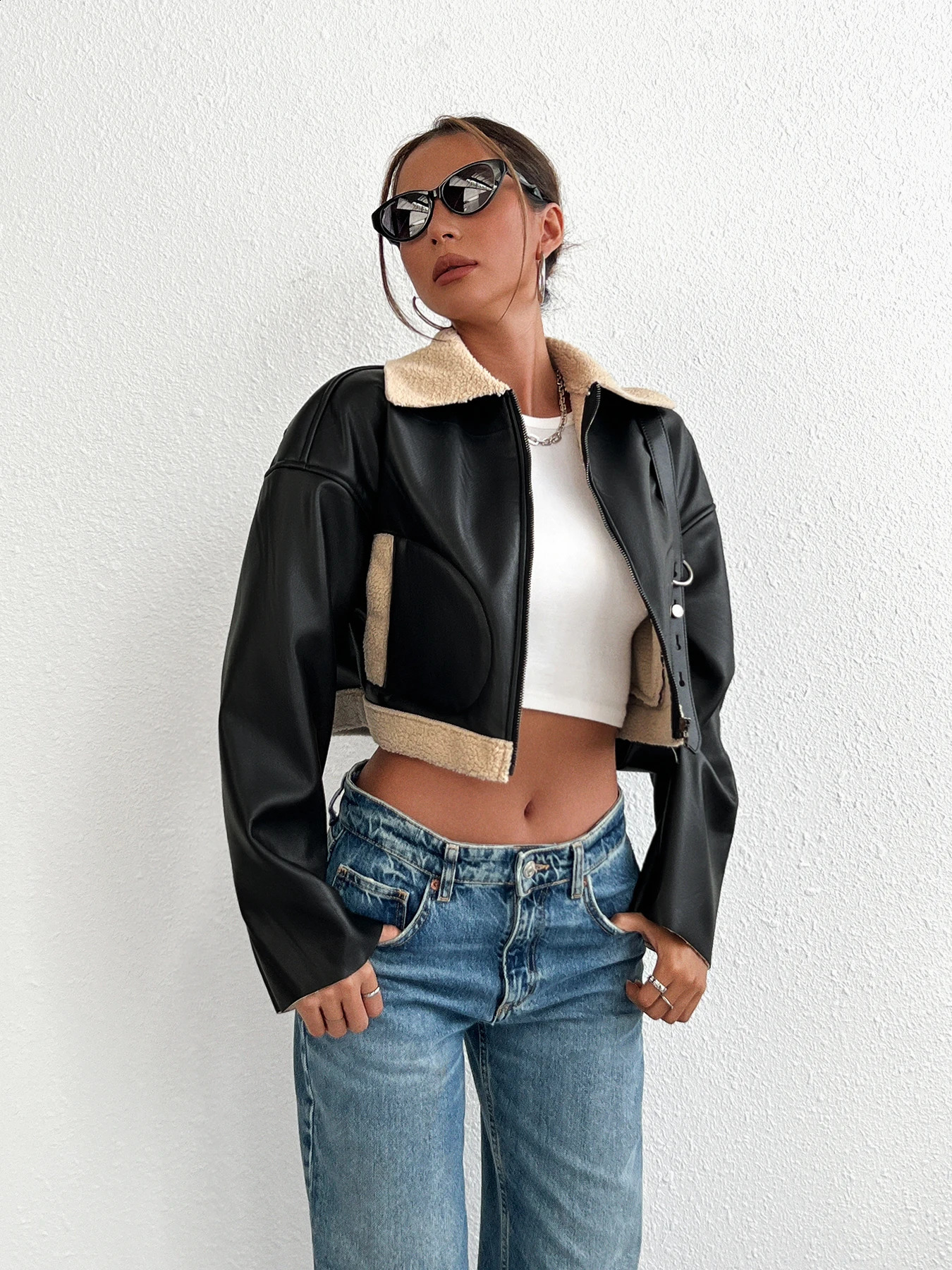 Womens thick leather jacket fashionable autumn and winter jacket long sleeved elegant jacket warm commuting women 240930