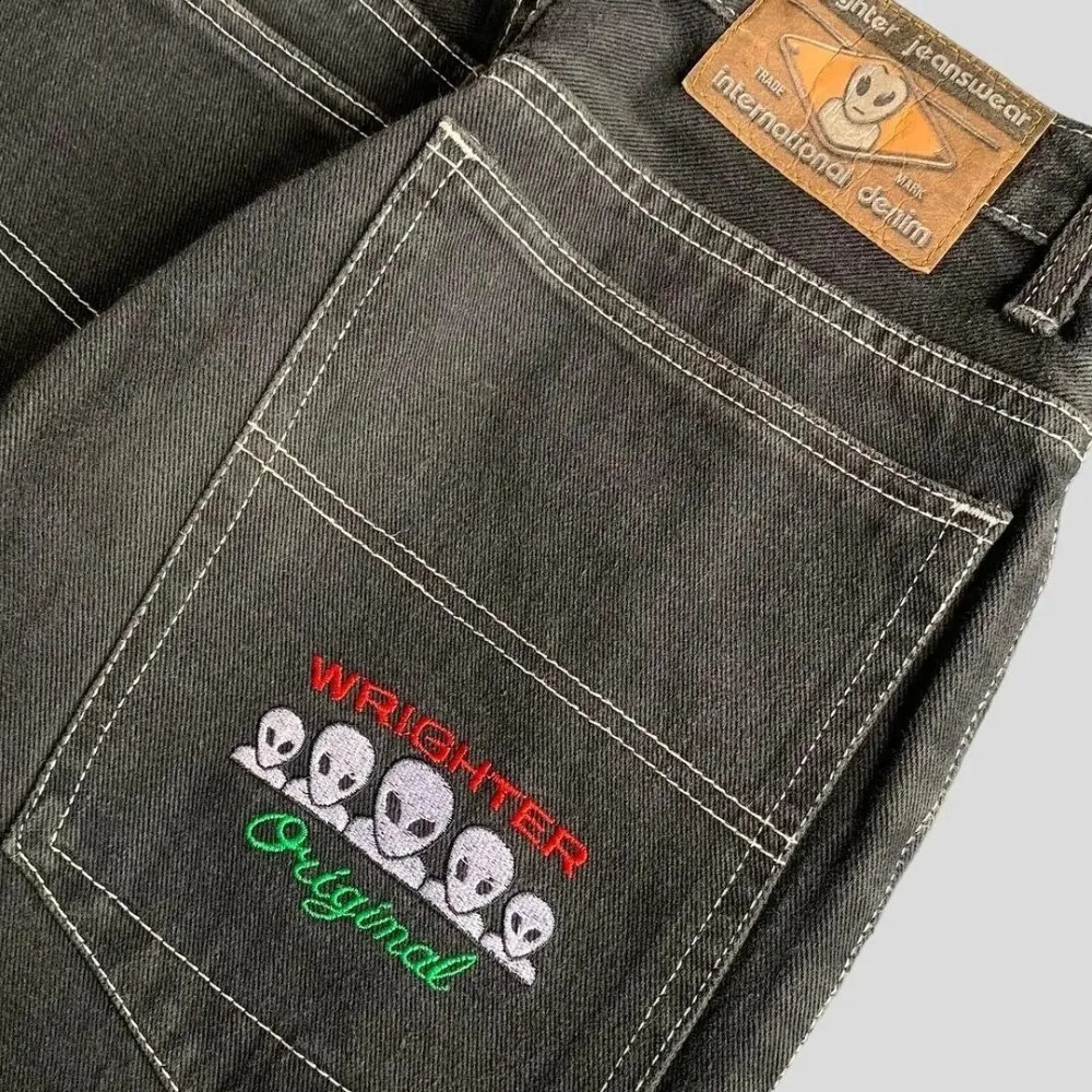 Street wear Y2K jeans mens Harajuku hip-hop retro graphic embroidered pocket jeans denim pants high waist wide Trouser 241008