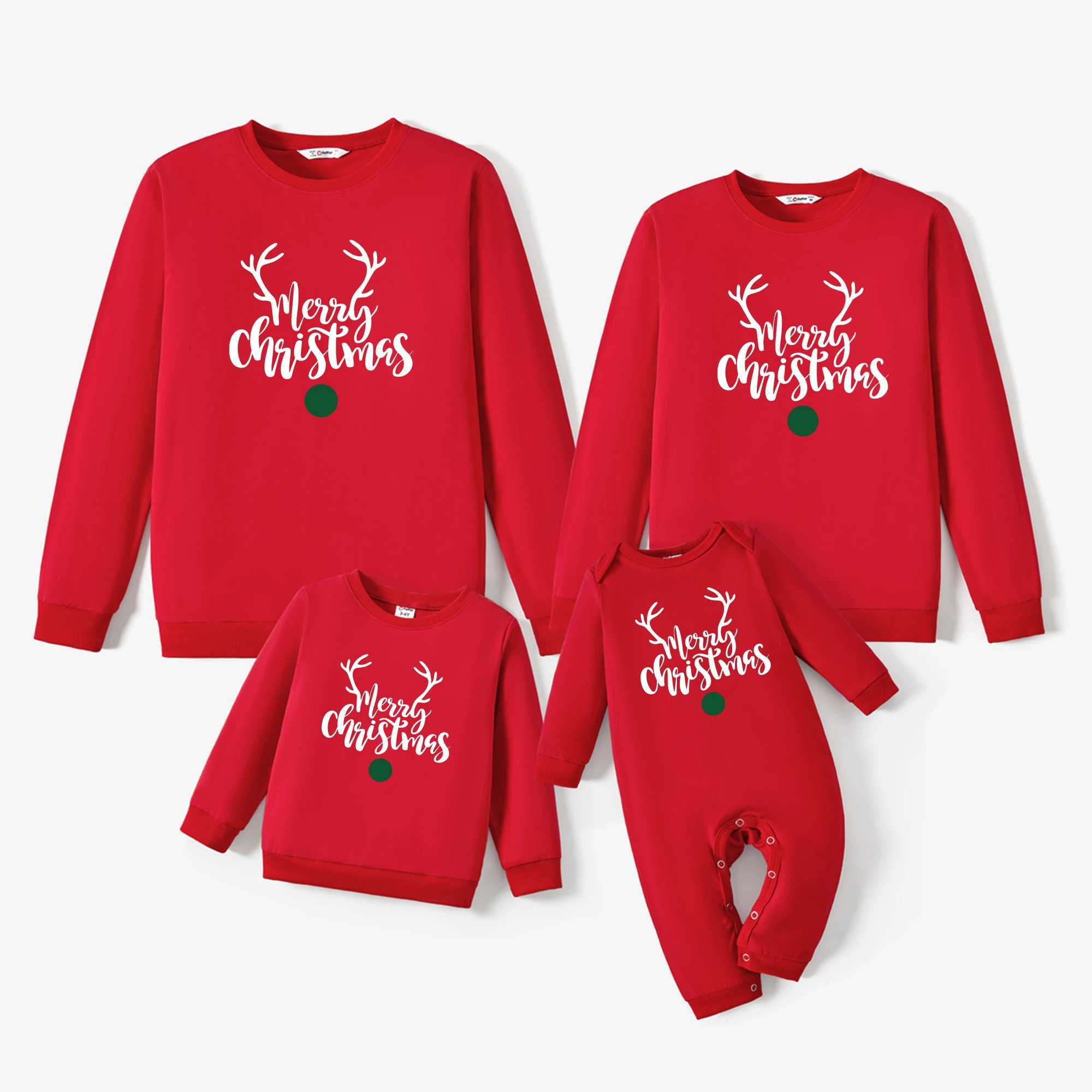 Christmas Family Matching Cotton Long Sleeve Reindeer Design Letter Printed Top in Red W241008