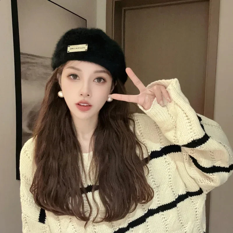 Fashion autumn/winter womens beret with reversible n and rabbit fur 241007