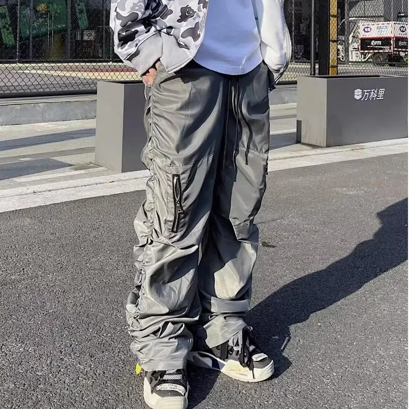 Men Multi Pocket Elastic Waist Harem Cargo Pants Nylon Streetwear Loose Work Wear Baggy Pants Man Vintage Sweatpants 241008