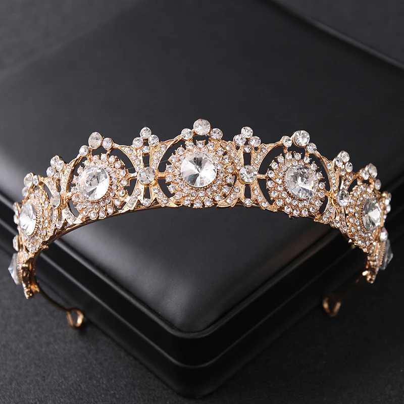 Golden crystal rhinestone crown headpiece suitable for female brides luxury ball parties Diadem weddings bridal hair accessories jewelry crowns W24100