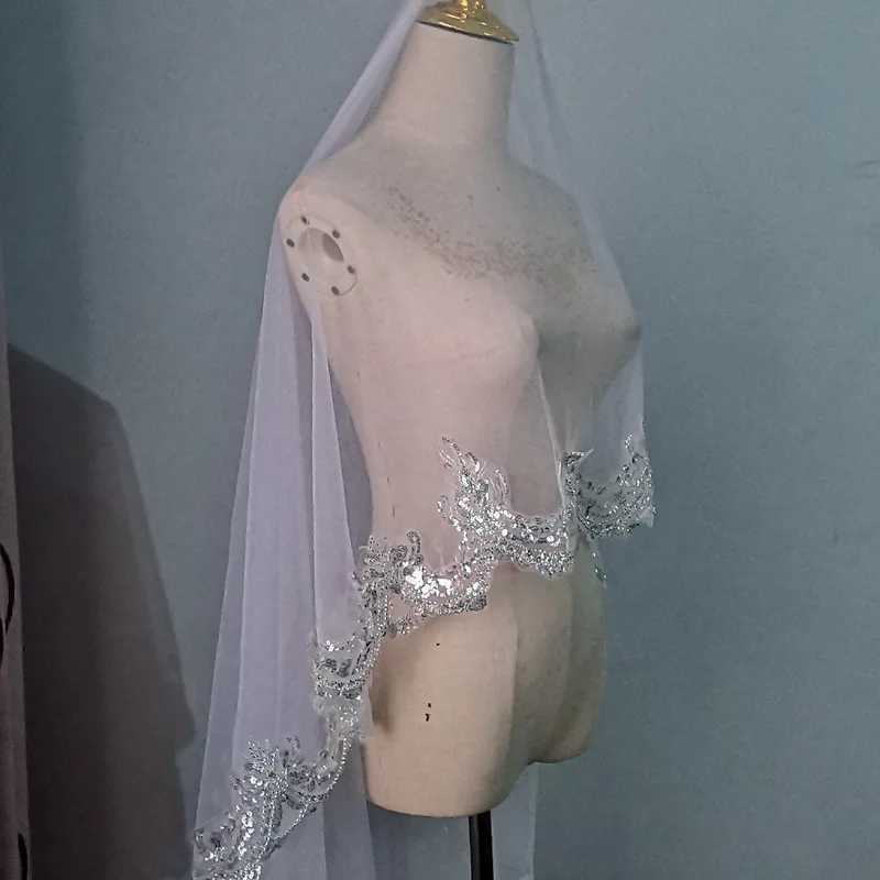 Sparkling full lace silver edge veil for brides wedding 1.5 meters wide church white wedding accessories no comb small veil W241007