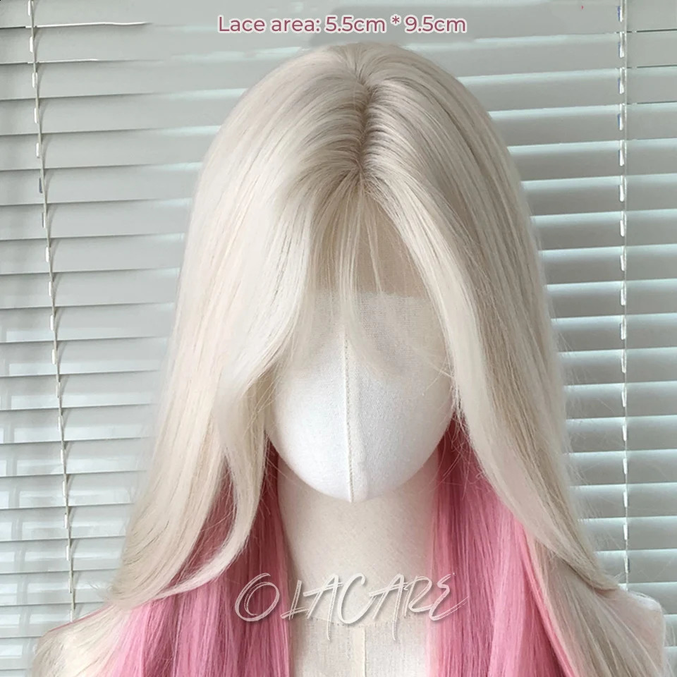 OLACARE Curled Long Wave Pink Blonde Highlight Synthetic Hybrid Wig with Fluffy bangs Suitable for Womens Daily Use 241007