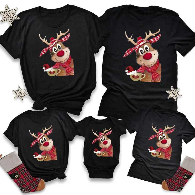2022 Family Clothing Set Christmas Match Clothing Mother Daughter Short Sleeve T-shirt Black Santa Claus Mother Childrens Top W241008