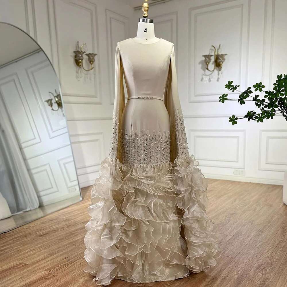 Arabic Caramel Mermaid Elegant Cape Sleeves Beaded Satin Evening Dresses Gowns For Women Party 2024