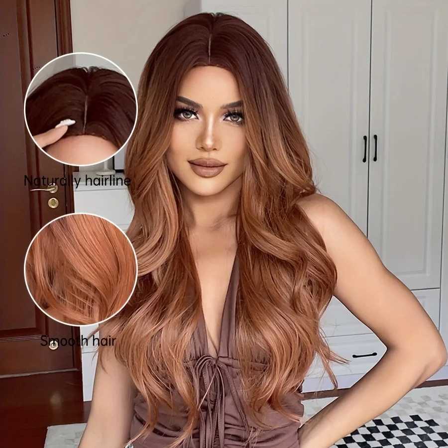 Long Wavy Red Brown Synthetic Wigs Dark Root Ginger Curly Cosplay Wig for Black Women Party Daily Cosplay Heat ResistantXJ241008
