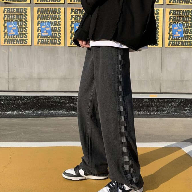 American High Street Jeans For Men In Autumn, With A High-End Feel. Side Row Checkered Straight Leg Pants With Trendy Design. Plaid Wide Legs Eff