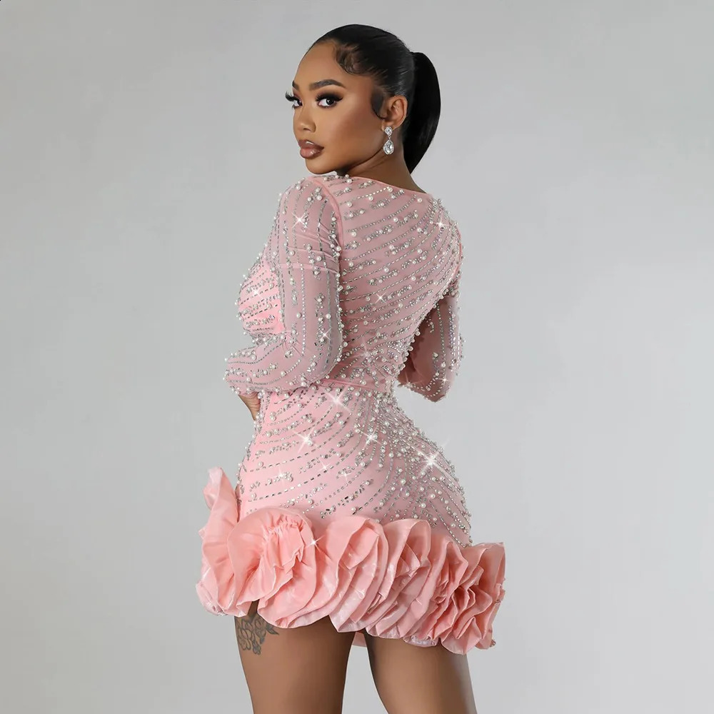 Long Sleeve V Neck Transparent Club Dress Sexy Glittering Diamonds Women Party Birthday Bodycon Mini Dresses Vestidos 241126