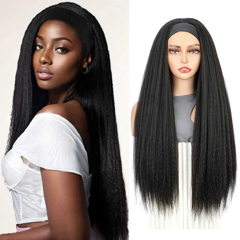 Synthetic 30Inch Afro Kinky Headband Wigs Long Straight Yaki Hair Heat Resistant wigs for Black WomenXJ241008