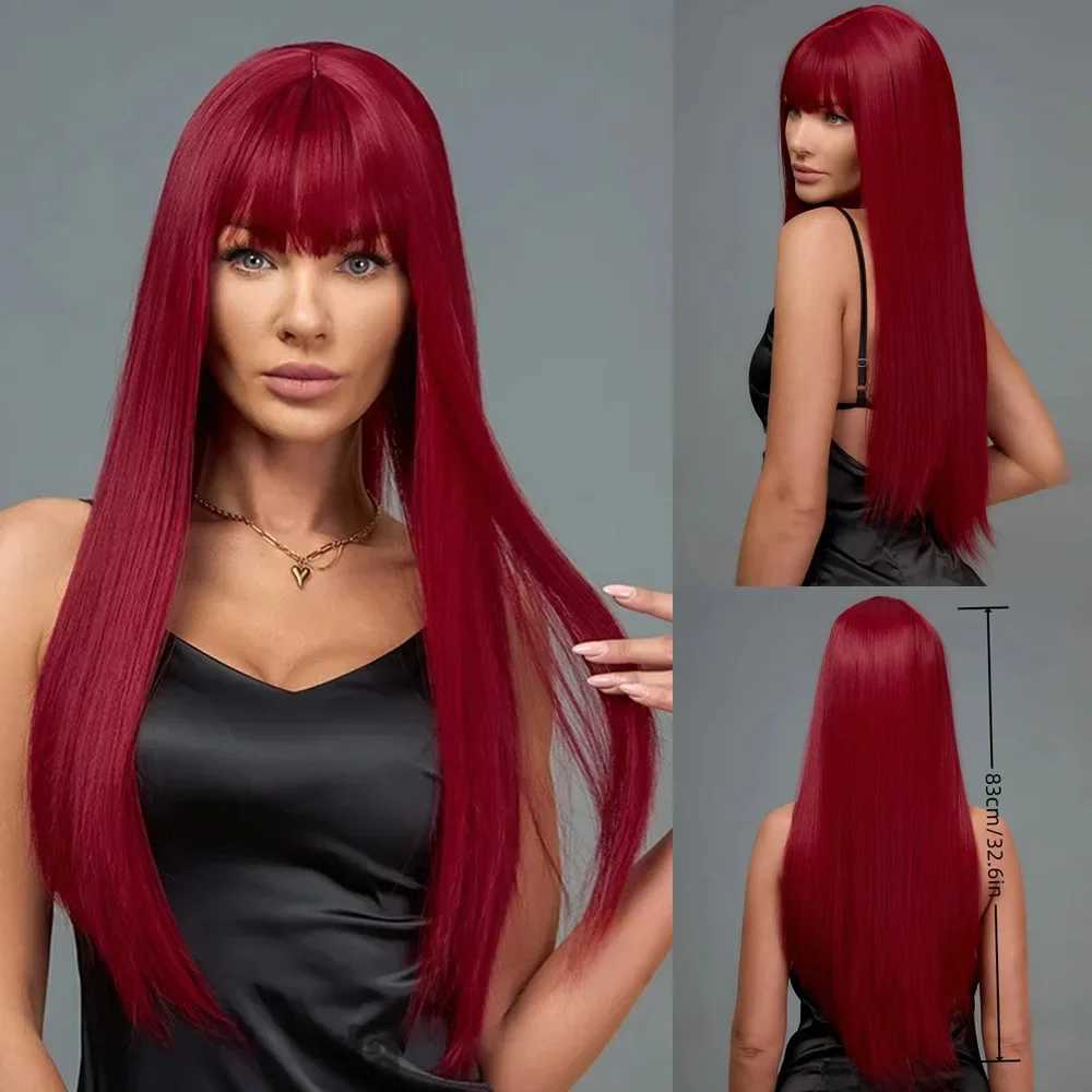 SNQP Long Straight Synthetic Wig for Women 32inch Wine Red Wig with Bangs for Daily Cosplay Party Heat Resistant FiberXJ241008