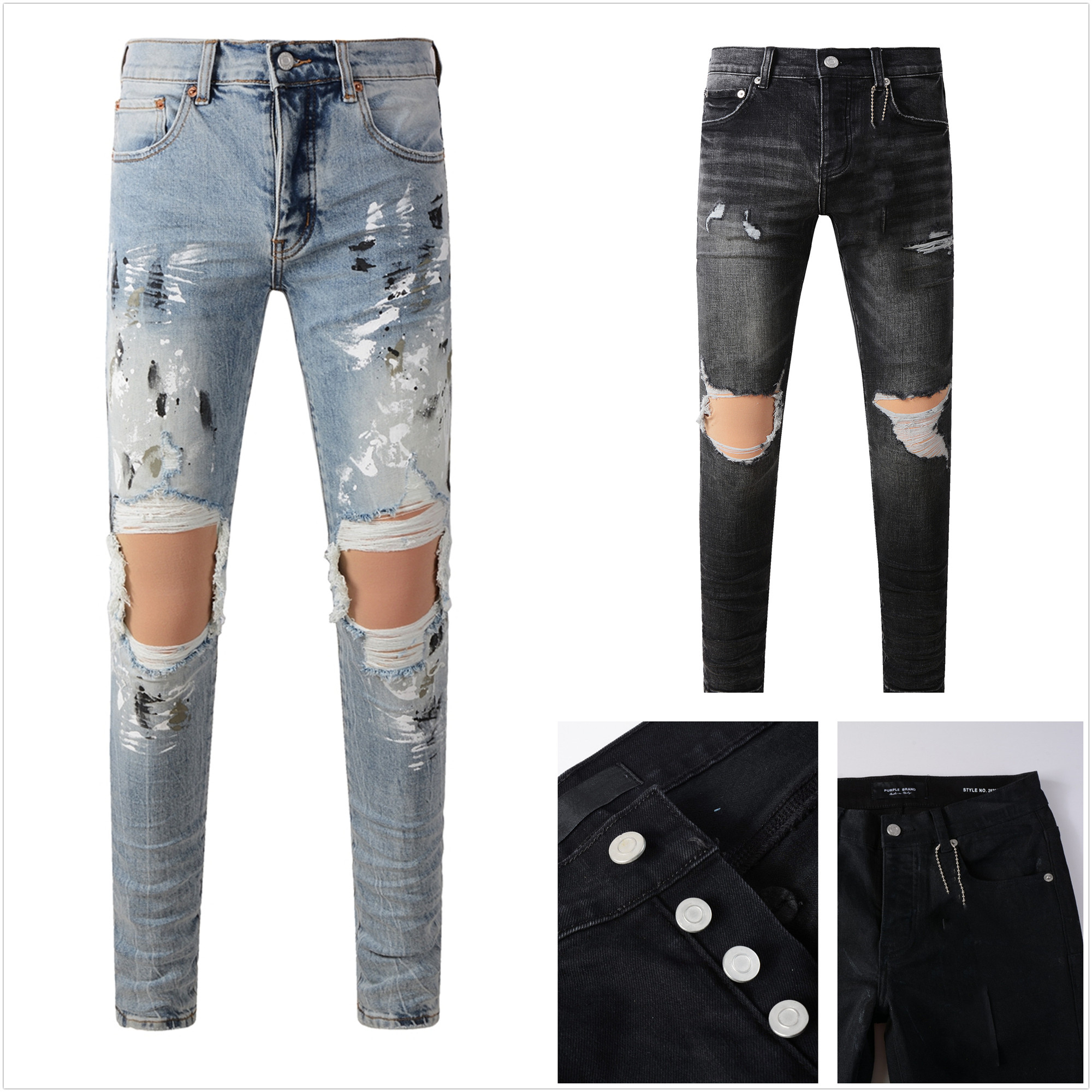 slim fit jeans mens jeans designer jeans Elastic fabric long skinny button fiy hole pattern ripped embroidery us size 28-40 U1