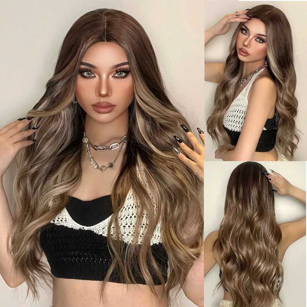 Ombre Brown Blonde Highlight Synthetic Wigs Natural Long Wavy Wig for Women Cosplay Daily Middle Part Hair Heat ResistantXJ241008