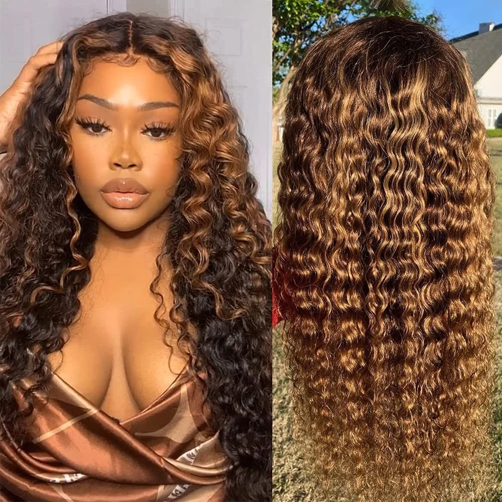 Curly Brown 160 Density Lace Frontal Wig 427 Highlight Ombre HD Deep Wave 28 30 32 Inch 13x4 Human Hair Lace Front Wig african