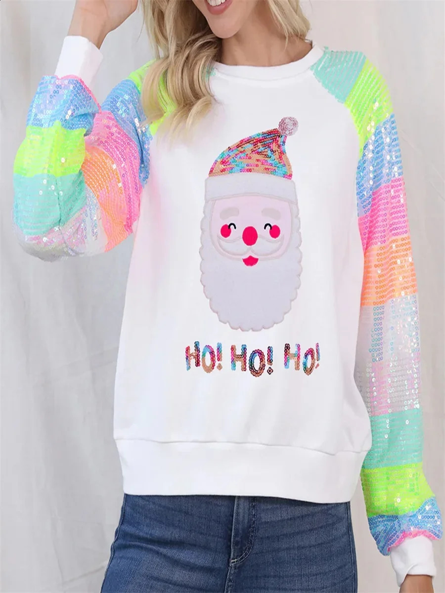 Women Christmas Sweatshirts Fashion Sequin Long Sleeve Round Neck Pullovers Casual Oversized Tops 2024 Holiday Soldier Hoodie 241008