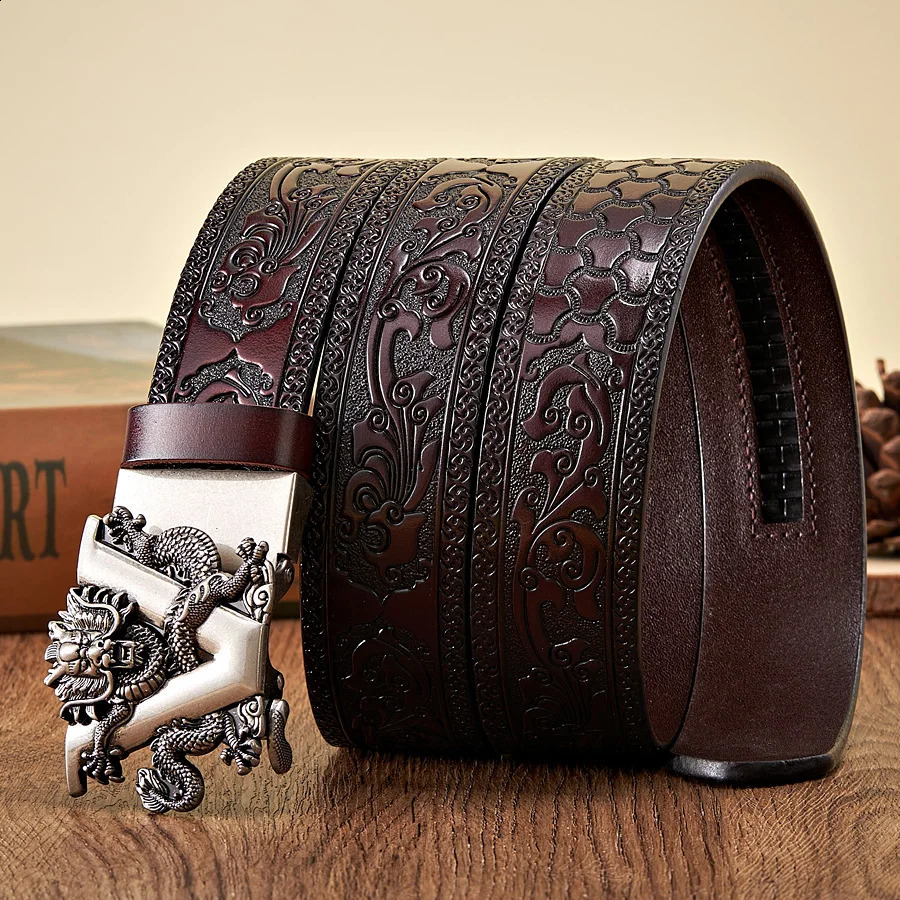 3.5CM V-shaped buckle genuine cowhide belt high-quality alloy automatic buckle printing waste belt gift business mens belt 240925