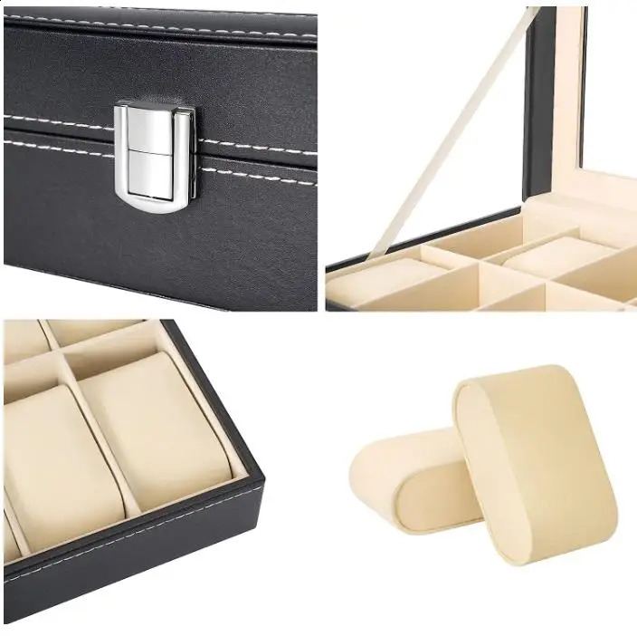 6-slot PU leather watch box display box jewelry organizer with glass top 241007