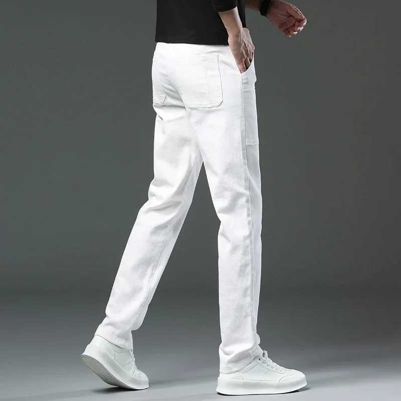 New Spring/Autumn Mens Multi Pocket Design White Tight Jeans Fashion Casual Khaki Red Comfortable Stretch JeansW240715