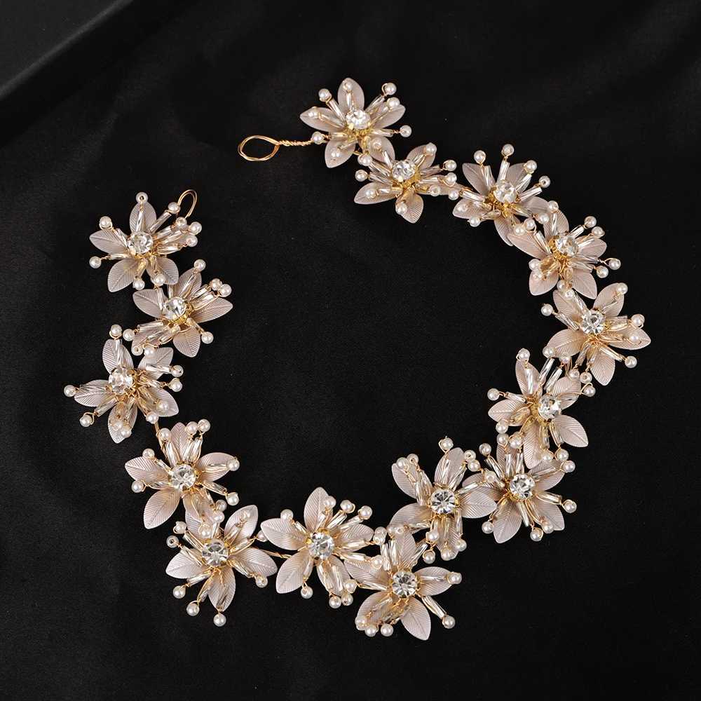 Flower Bridal Headband Water Diamond Pearl Handmade Wedding Bridal Hair Accessories Leaf Headwear for Women and Girls Tiaras W241007
