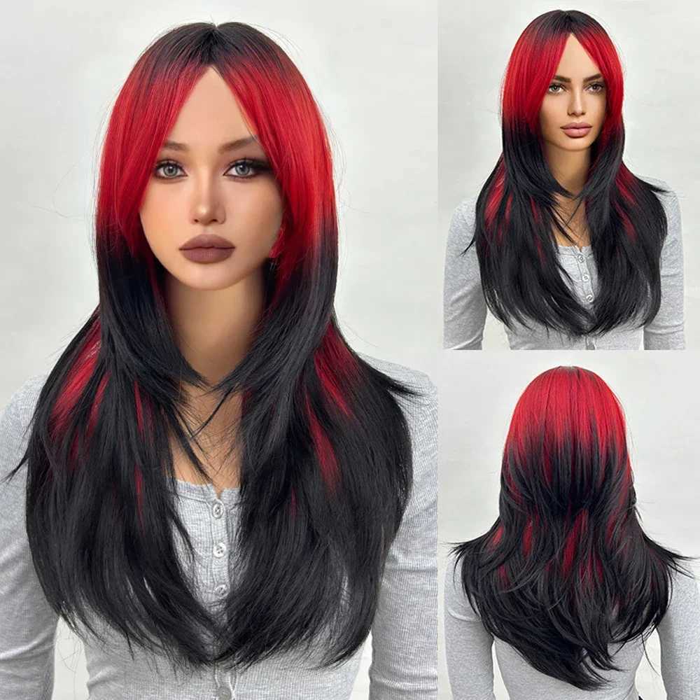 Ombre Red to Black Synthetic Wigs with Bangs Long Straight Layered Wig Colored Party for Women Heat Resistant HairXJ241008