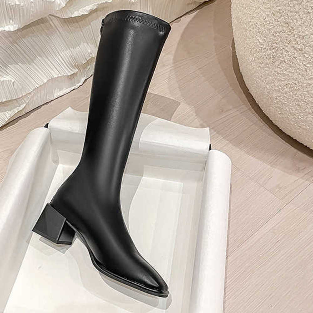 Leather Elastic Martin Boots For Women Square Toe Thick Heel Long Tube Boots For Women Zipper Back Slimmer The Knee Knight Boots 240826