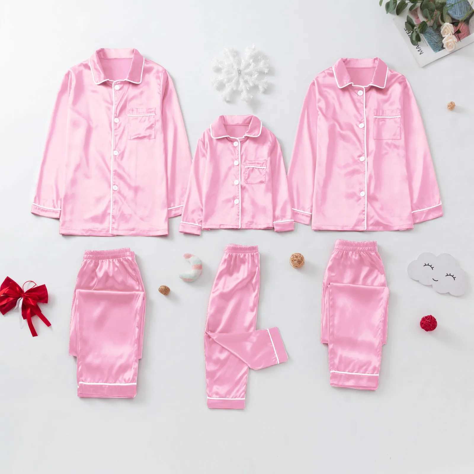 Christmas satin pajamas pink family matching set Father Mother Childrens Christmas pajamas family clothing W241008