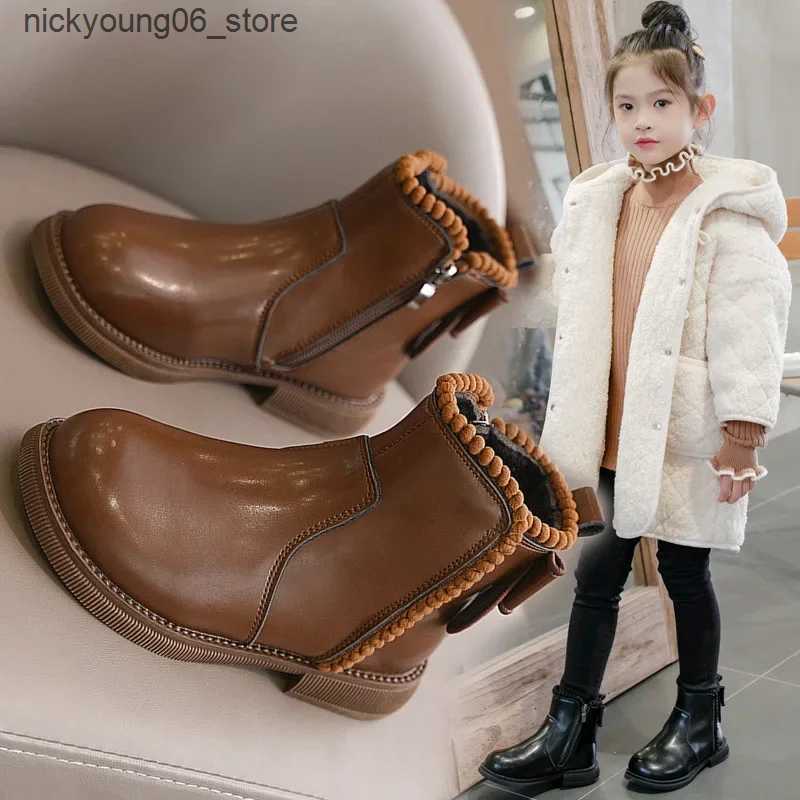 Boots 27-37 Fashion Flower Edge Kid Fashion Boots 2023 Girl Princess Boot Winter Flat Ankle Boot Plush Warm Kid Shoe Girl Short Boot L240910