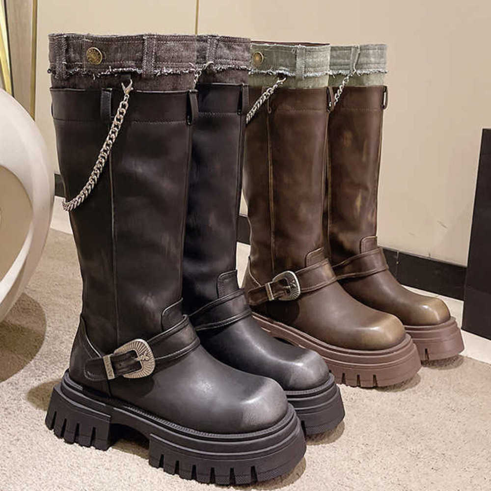 Brown Knee Thick Martin Boots Soled Women Boots Leather Long Fashion Boots Autumn Model Slim Tall Knight Boots 240826