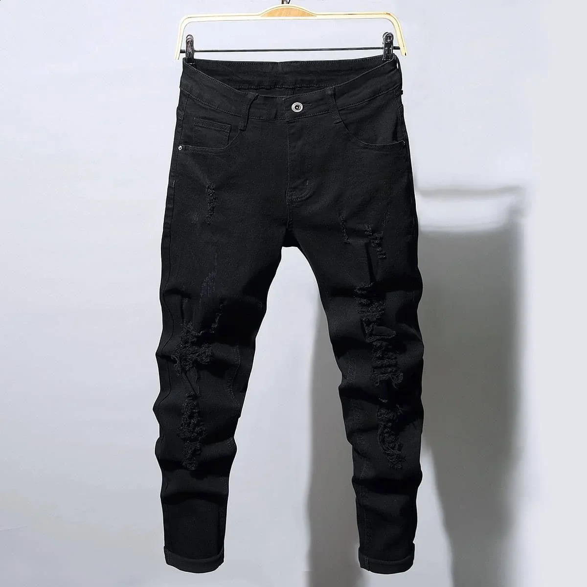 Mens ultra-thin bicycle torn long denim Trouser tight jeans pockets for young people jogging pants destroyed stretch black pants 241008
