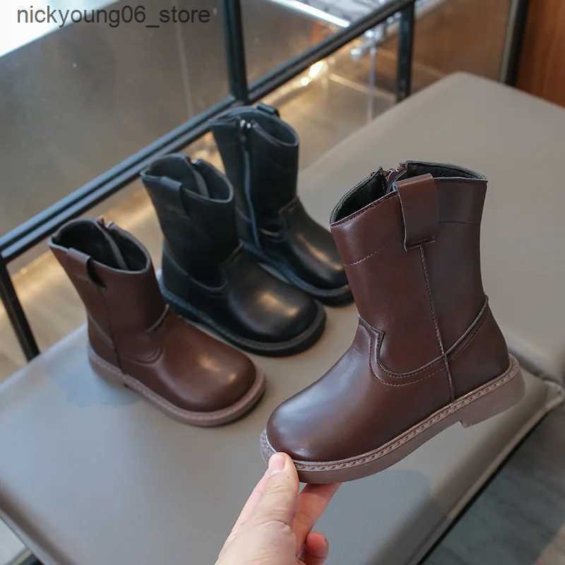 Boots New Childrens Boot Spring Autumn Versatile Retro Black Boots for Girl Non-slip Patchwork Kids Fashion Ankle Boots Side Zipper L240910