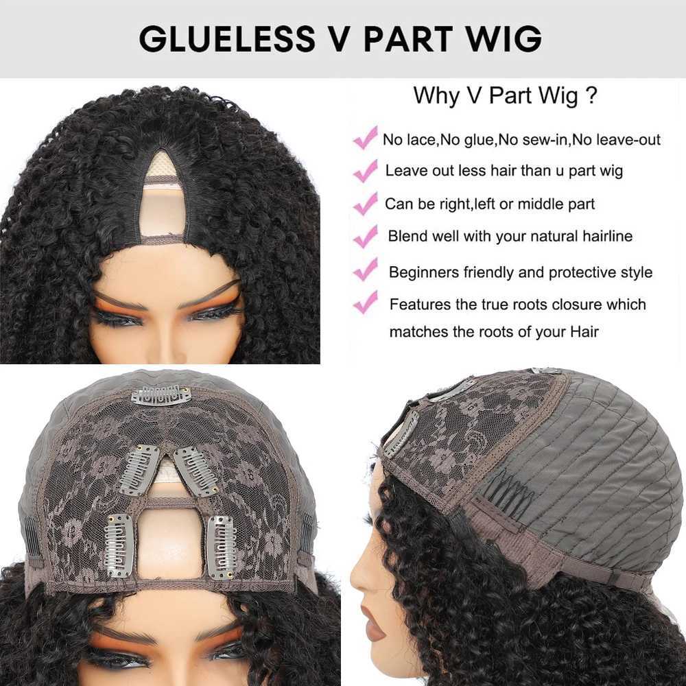 Kinky Curly V Part Wig Human Hair No Leave Out Thin Part Malaysian Hair Wigs for Women 180 Density Afro Curly V Part Wig 100%XJ241008