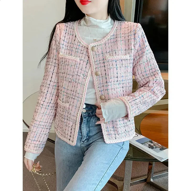 Elegant Petite Cropped Coarse Tweed Top 2024 Spring Style Womens Jacket Crew Neck French Tweed Style For Fashion 241008