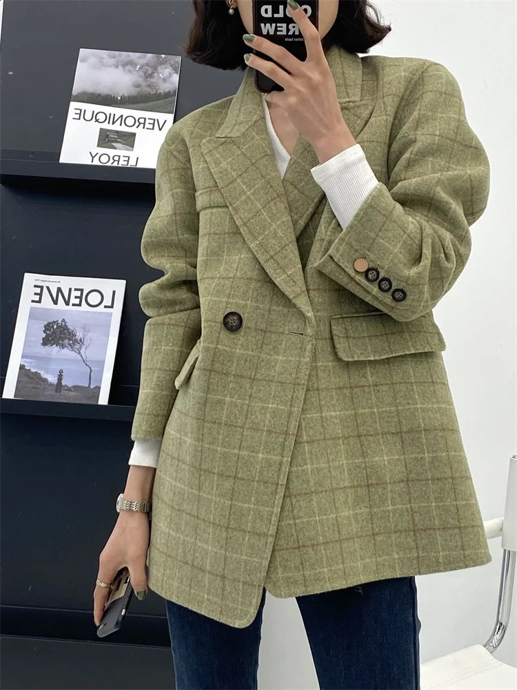 Green grid 100% wool coat womens Korean fashion elegant wool jacket 240927