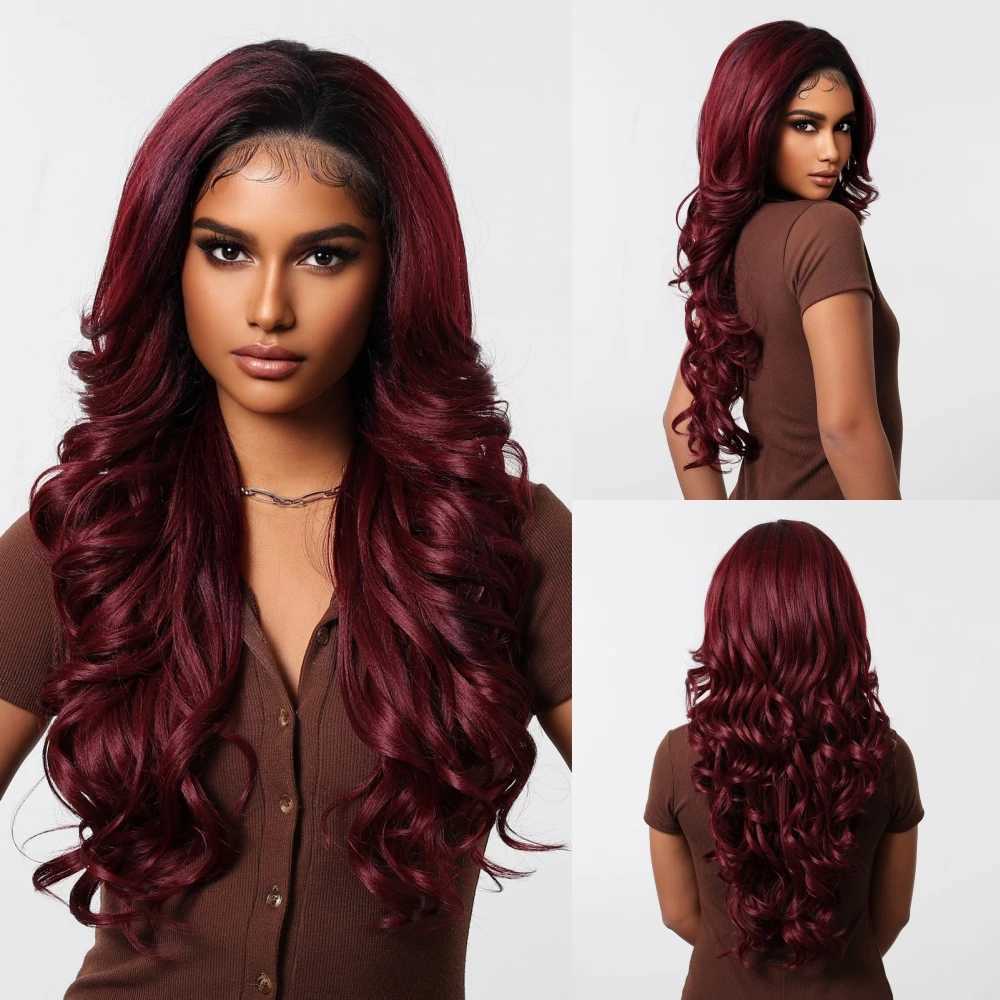 13x6 Lace Front Synthetic Wig Wine Red Burgundy Long Wavy Lace Wig for Black Women Natural Daily Cosplay Lace Wig Heat ResistantXJ241008
